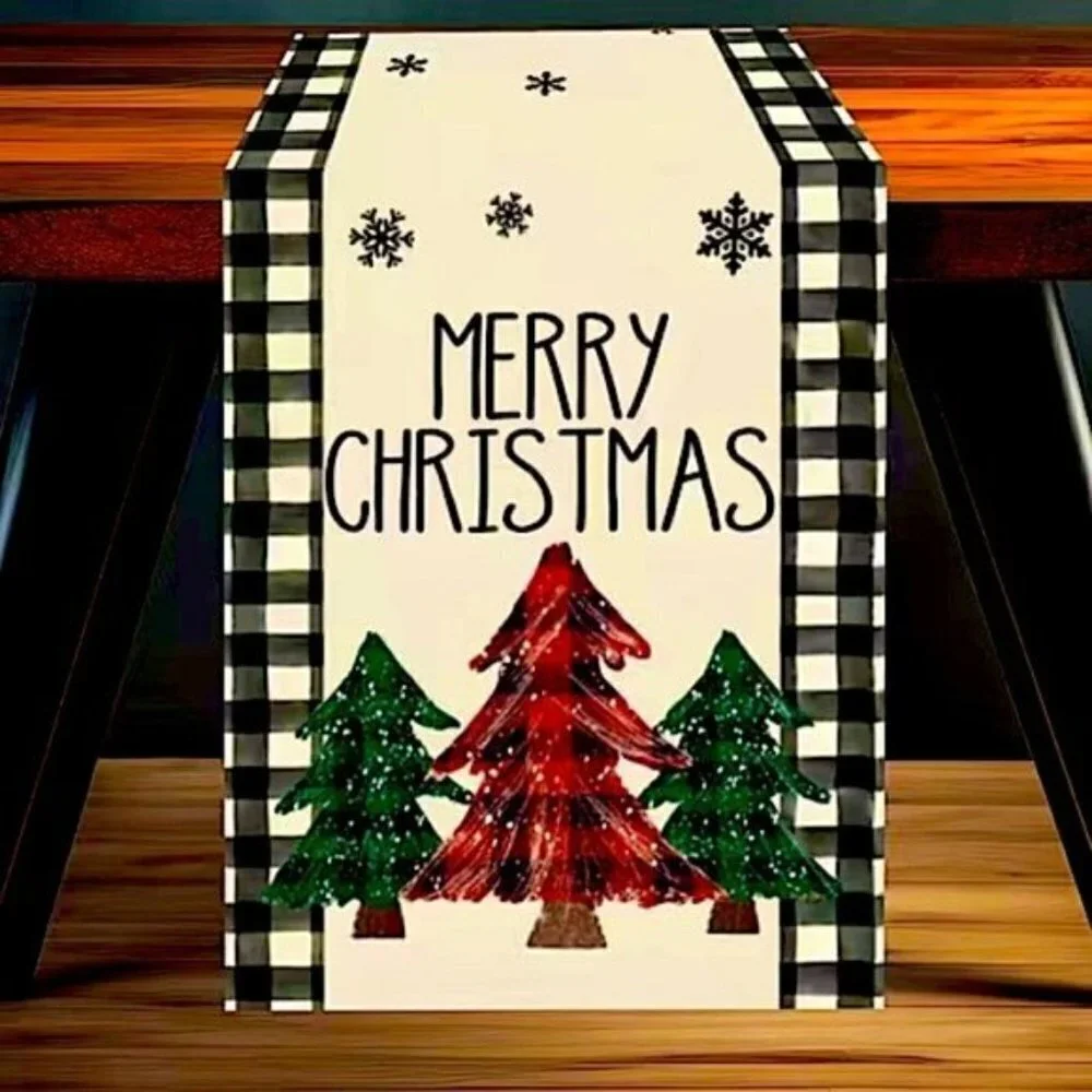 Table Runner Christmas Farmhouse Merry Christmas Buffalo Plaid Check Black White